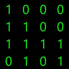 16 randomly arranged binary numbers zero and one in green on a black background ideal as a concept of data encryption and computer code on a 4x4 matrix
