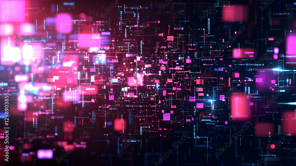 Poster abstract digital network of glowing squares and lines in blue and red light with dark background