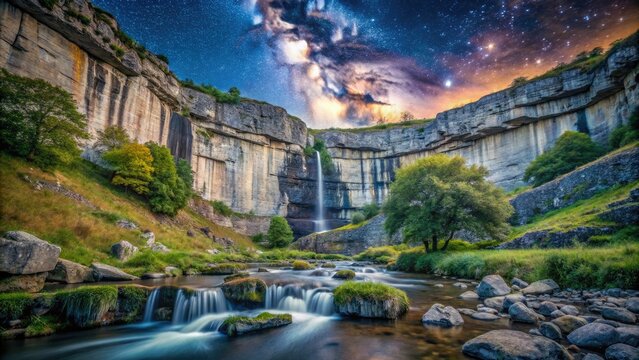 Capture Malham Cove's majesty: Yorkshire Dales night photography, long exposure reveals starlit landscapes.