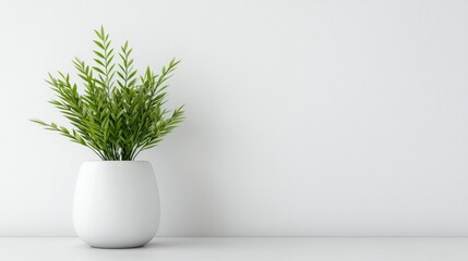 Minimalist plant in white pot on white wall. Home decor