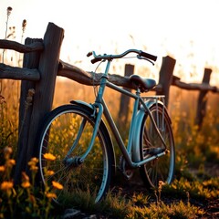 Obraz premium Bicycle rests peacefully against a weathered fence at sunset, surrounded by wildflowers and golden light
