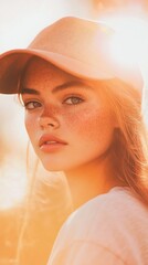 Fototapeta premium Girl freckles pastel orange mist