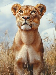 Fototapeta premium Majestic lioness gazes confidently at the horizon in tall grass under a clear blue sky