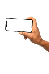 A hand holding a smartphone in landscape mode with a blank screen, isolated on a transparent background. Ideal for video playback, gaming, streaming, mobile apps, digital content, and UI/UX design.