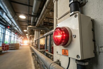 A red warning light is mounted on a wall in an industrial setting, with pipes and a well-lit corridor leading to the background.