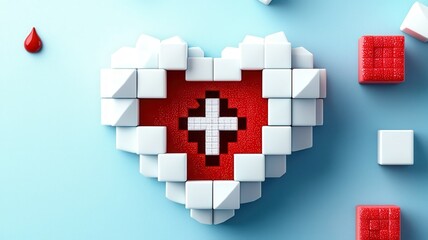Fototapeta premium Medical diagnostic and heart health check. Heart-shaped design with a medical cross, made from blocks on a blue background.