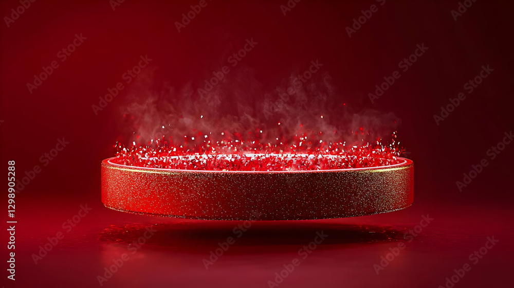 Poster red glowing circular platform with sparkling light and smoke effects in dark background