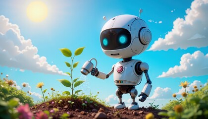 Cute robot waters a young plant in a vibrant garden under a bright sun, showcasing harmony between technology and nature