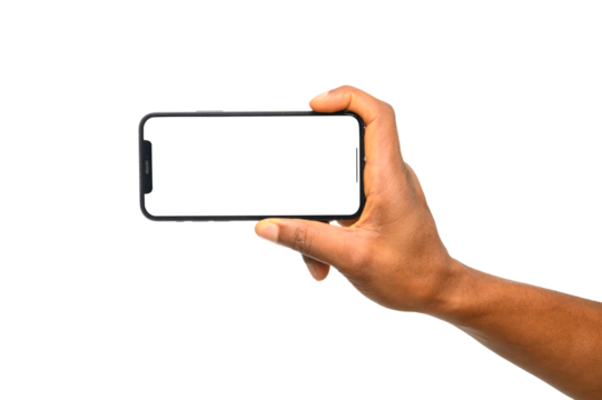 A hand holding a smartphone in landscape mode with a blank screen, isolated on a transparent background. Perfect for showcasing apps, websites, digital media, streaming, gaming, and UI/UX design.