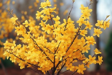 Obraz premium Bright yellow flowers bloom on branches amidst a serene background during early spring, showcasing nature's vibrant beauty