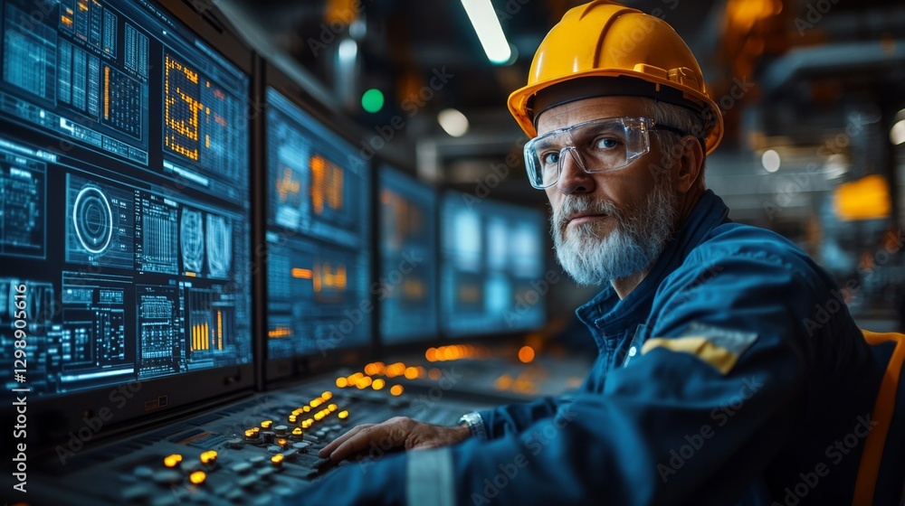 Fototapete An engineer in a safety helmet and glasses oversees the automated manufacturing process at a high-tech facility. He interacts with multiple control panels displaying complex data.