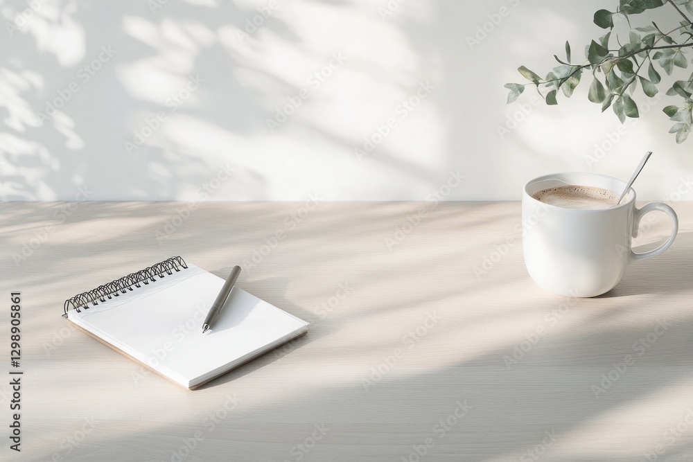 Poster minimalistic stock photo of neatly arranged workspace with notepad and pen bathed in soft natural li