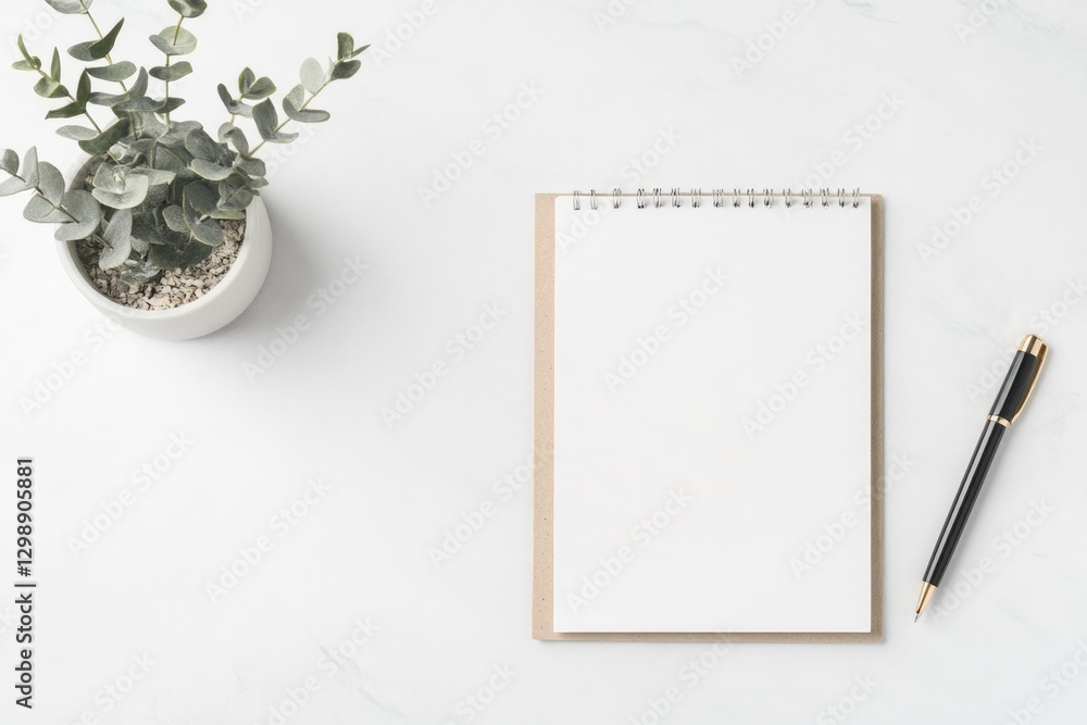 Poster minimalistic stock photo of neatly arranged workspace with notepad and pen bathed in soft natural li