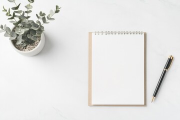 minimalistic stock photo of neatly arranged workspace with notepad and pen bathed in soft natural light