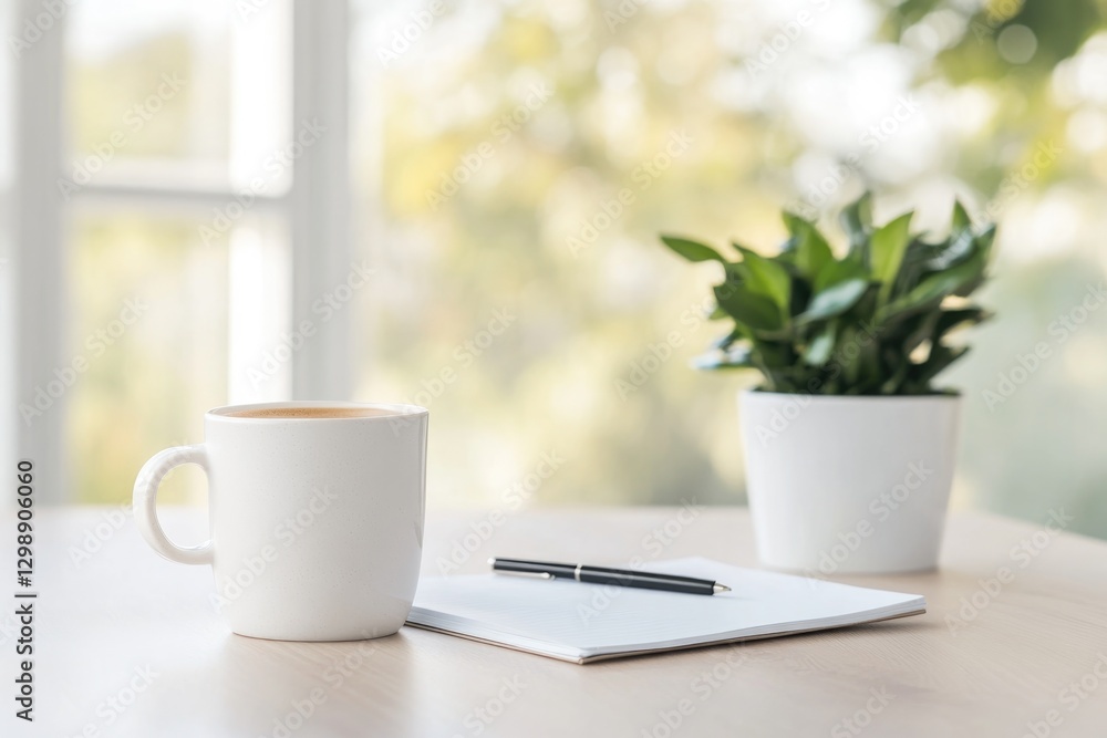 Aufkleber minimalistic stock photo of neatly arranged workspace with notepad and pen bathed in soft natural li