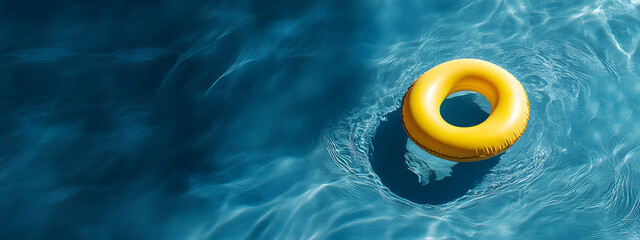 A yellow inflatable swimming ring floating on the surface of a blue pool
