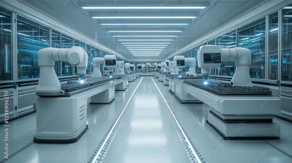 Poster State-of-the-art robotic arms operate along conveyor belts in a high-tech manufacturing environment, showcasing advanced automation and engineering techniques to increase production efficiency.