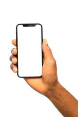 A hand holding a smartphone with a blank screen, isolated on a transparent background. Ideal for app mockups, UI/UX design presentations, digital marketing, communication concepts, and technology.