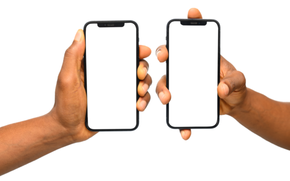 Two Black hands holding smartphones with blank screens, isolated on a transparent background. Perfect for showcasing apps, UI/UX designs, social media. iphone