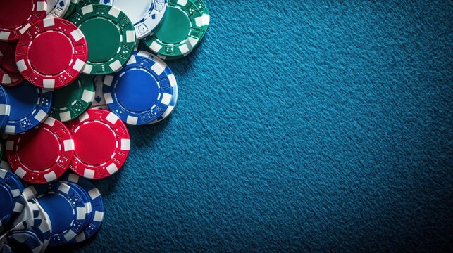 A collection of colorful poker chips scattered on a blue felt table.