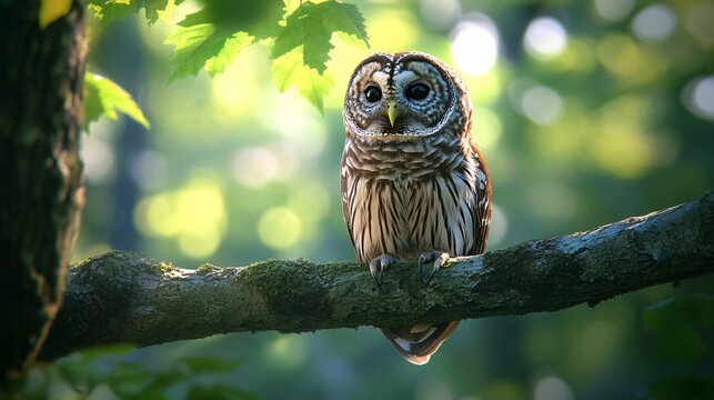 Majestic Barred Owl perched on tree branch in Ontario forest - Wildlife photography for designs