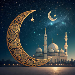 Beautiful Night Sky with Crescent Moon and Mosque