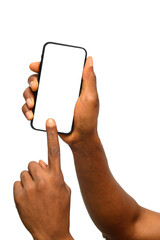 Close-up of a person holding a smartphone with a blank screen while tapping it, isolated on a light background. Ideal for UI/UX mockups, app design presentations, and digital marketing concepts.
