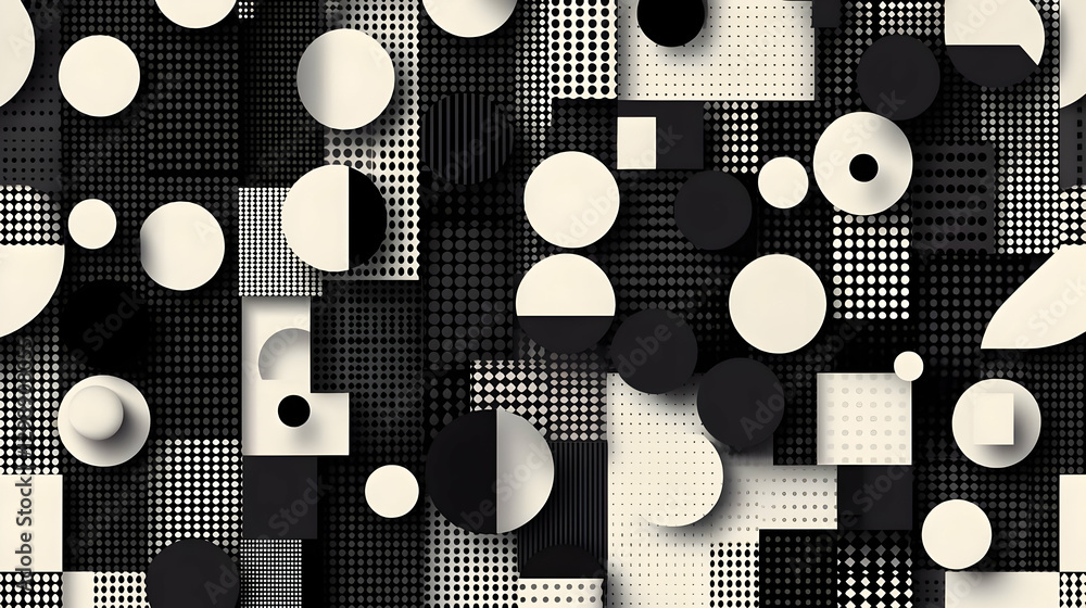 Poster Abstract Geometric Design with Black White and Beige Shapes in a Repeating Pattern
