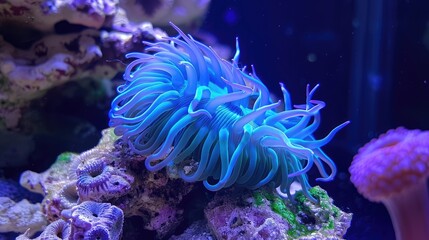 Obraz premium Vibrant blue anemone gracefully swaying among coral in a serene underwater environment, showcasing marine life