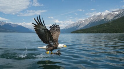 Fototapeta premium Bald Eagle Catching Fish Over Lake with Mountains in Background