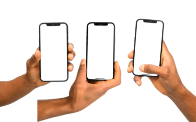 Set of three different hand positions holding a smartphone with a blank screen. Perfect for showcasing mobile UI/UX design, app interfaces, and screen mockups for presentations and marketing materials
