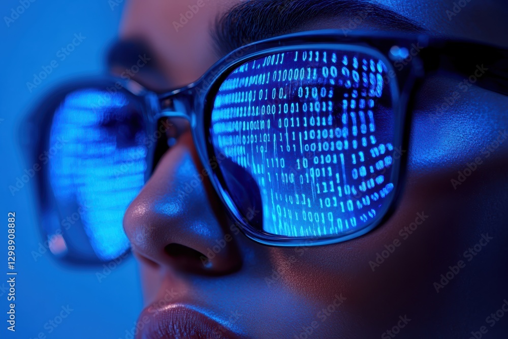 Poster program code reflecting on programmers glasses in a modern workspace at night
