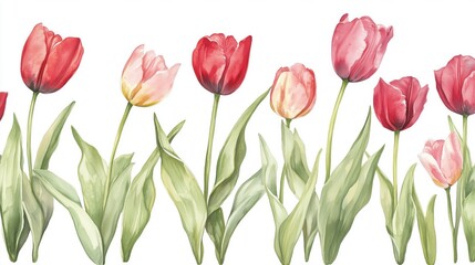 Obraz premium A vibrant display of red and pink tulips with green leaves against a white background.