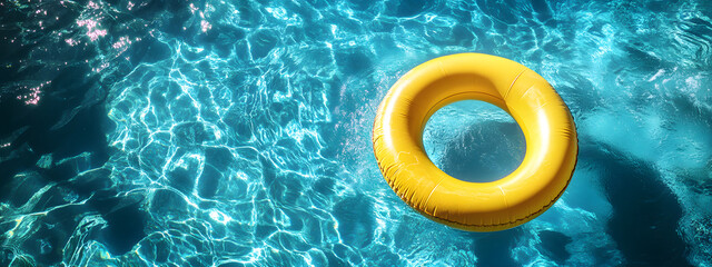A yellow inflatable swimming ring floating on the surface of a blue pool
