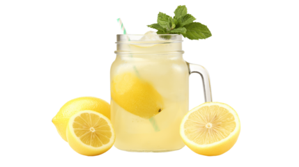 Icy cold lemonade in a mason jar with a lemon slice and mint, ultimate summer refreshment, isolated on white background, PNG format