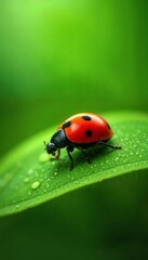 Obraz premium Close-up of a ladybug on a green leaf with dewdrops 