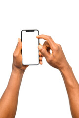 A close-up of a Black male hand holding a smartphone with a blank screen, while the other hand makes a pinching gesture. Ideal for UI/UX design, touch interaction concepts, and digital presentations.