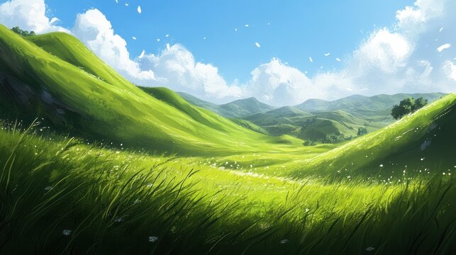 Lush green valley, sunny day, rolling hills, clouds