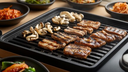 A close-up of a sizzling Korean BBQ grill with marinated pork, mushrooms, and vegetables, with a side of kimchi, seaweed, and other banchan served in small dishes