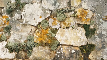 Fototapeta premium Weathered Stone Wall Covered In Moss And Lichen