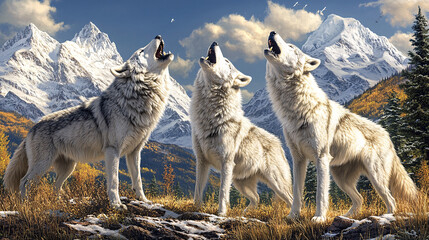 Obraz premium Majestic trio of howling wolves in snowy mountain landscape, showcasing their wild beauty and strength against backdrop of towering peaks and vibrant autumn foliage