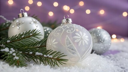 Elegant silver and white Christmas ornaments on snow with bokeh lights