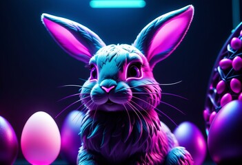 Neopunk Easter bunny. Happy Easter concept. Stylish, purple, neon. AI generated.