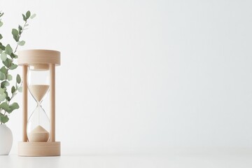minimalistic stock photo of simple hourglass with golden sand trickling down placed on white background
