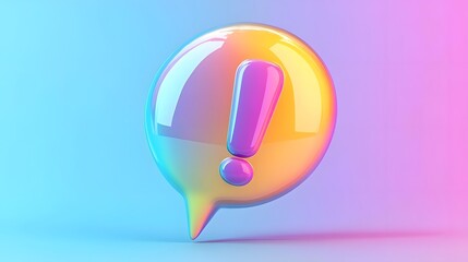 Colorful 3D exclamation mark in a speech bubble against a vibrant gradient background