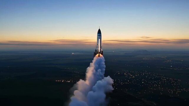 A powerful rocket launch into space, with dramatic clouds, a glowing trail of smoke, and city lights below, symbolizing innovation and exploration.
