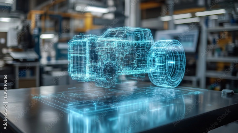 Poster A digital representation of heavy machinery is displayed on a table in a high-tech manufacturing workshop. Engineers are utilizing automation tools to enhance design.