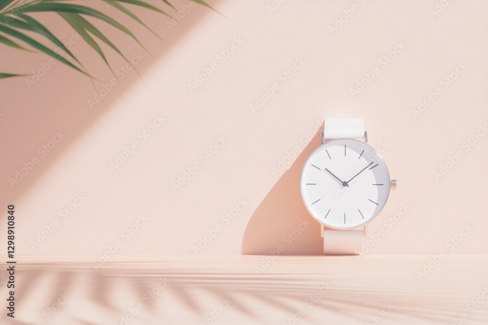 Poster minimalistic stock photo of simple wristwatch placed on wooden table with strong directional lightin