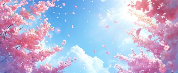 Falling Pink Cherry Blossoms Under a Bright Blue Sky