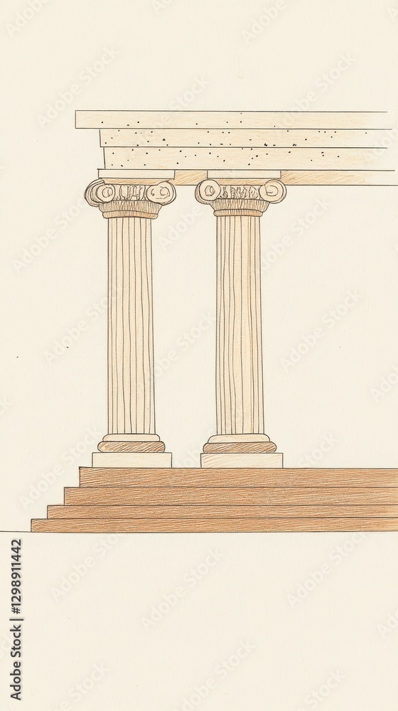 Aufkleber beige stone columns and steps architectural line drawing of a structure's facade design sketch or il